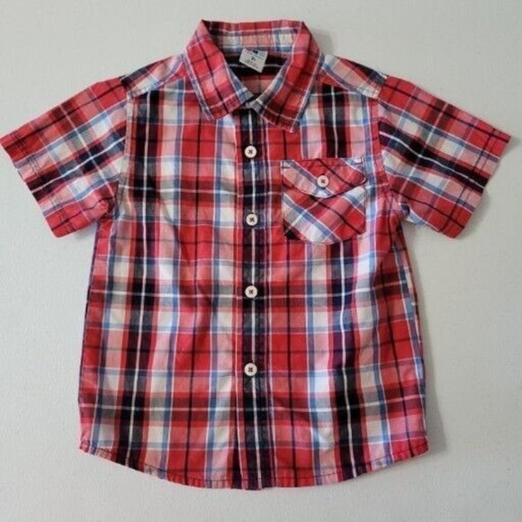 Healthtex Toddler Boy Size 3T Short Sleeve Button Up Plaid Shirt Red Blue - Picture 1 of 7
